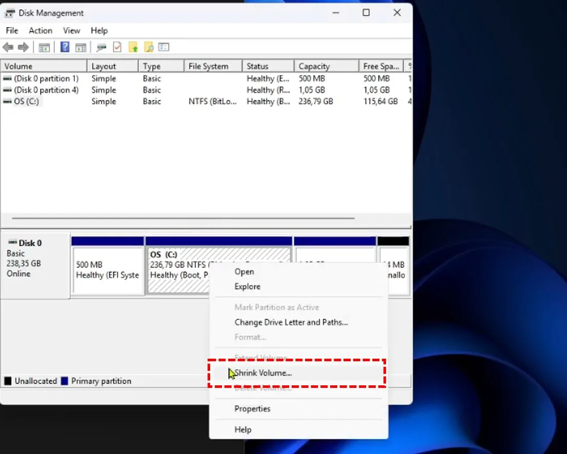 Cara Membuat Partisi di Windows-11 Tanpa Software Tambahan 4 menyusutkan partisi