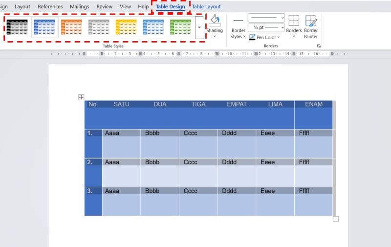 18 Panduan Lengkap Tabel di Word + Trik Khusus 23 mewarnai tabel menggunakan Table Styles