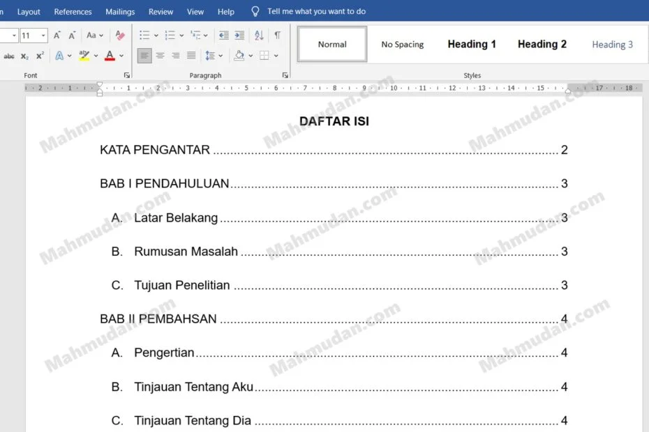 daftar isi otomatis di microsoft word