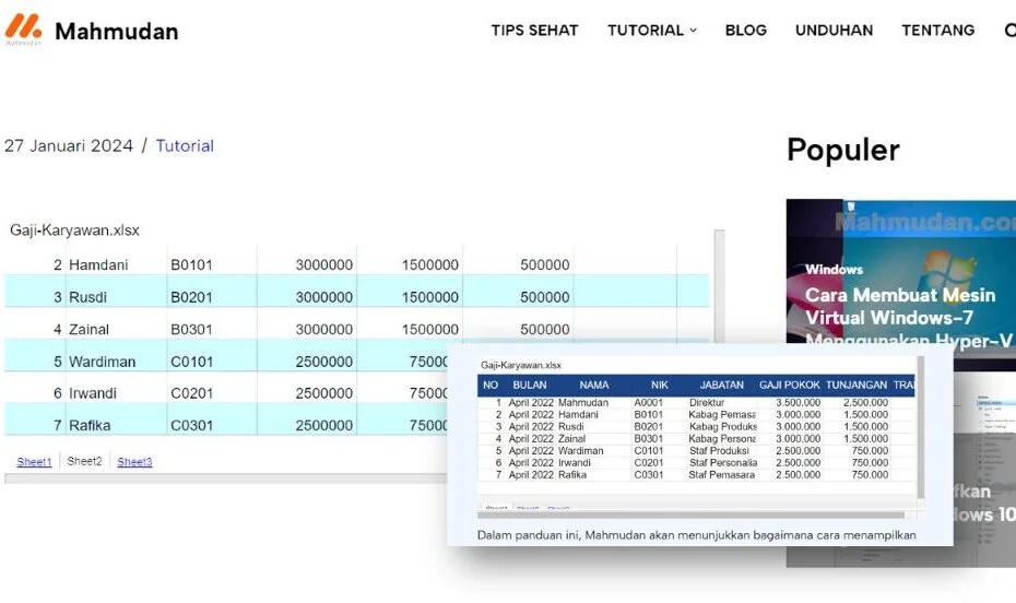 tabel excel di halaman web