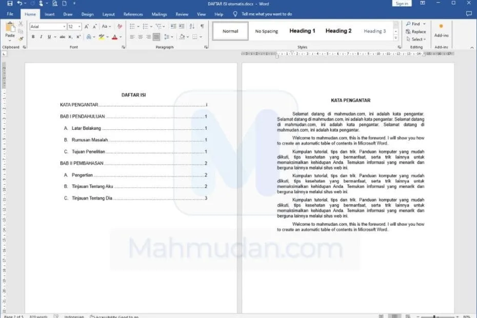 contoh daftar isi otomatis di Word