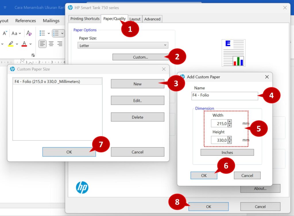 Cara Menambahkan Ukuran Kertas F4-Folio (Word/Excel) - Berbagai Printer 5 ukuran kertas F4 atau Folio pada printer merek HP