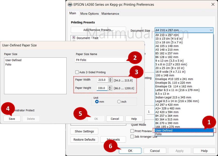 Cara Menambahkan Ukuran Kertas F4-Folio (Word/Excel) - Berbagai Printer 6 menambahkan ukuran kertas f4 di printer EPSON