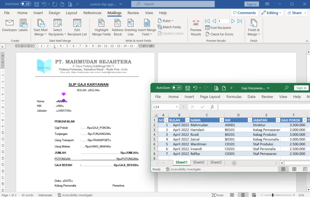 Mail Merge Word dengan data Excel