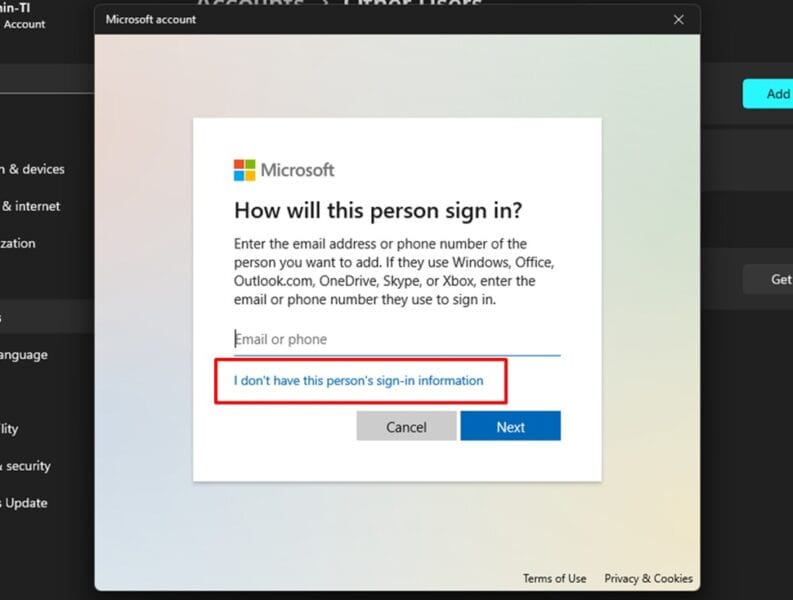 Cara Membuat User Baru di Windows 11 tanpa Email 5 I don’t have this person’s sign-in information