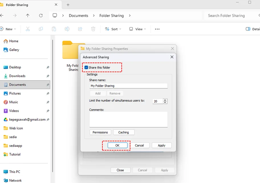 aktifkan opsi sharing folder