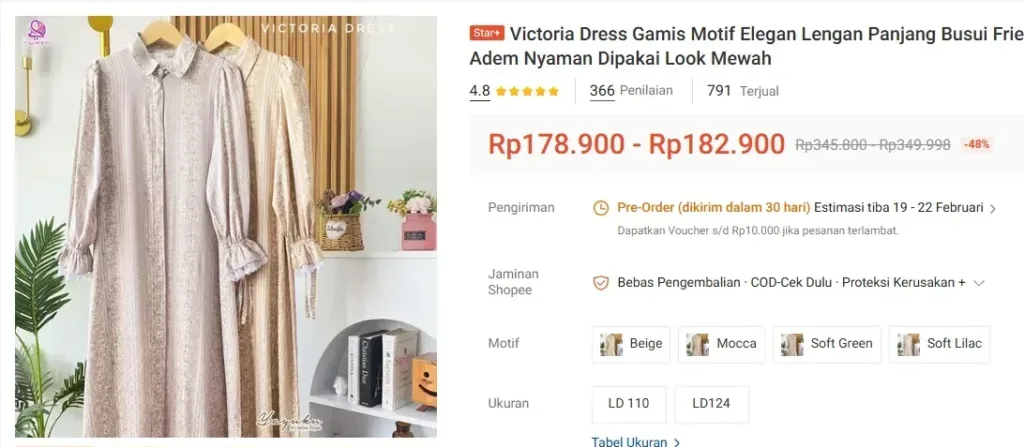 Victoria Dress Gamis Motif Elegan Lengan Panjang