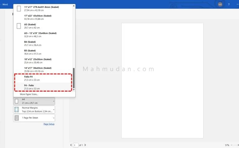Ukuran kertas F4-folio di Word